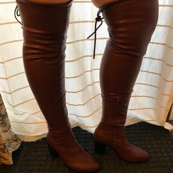 NEW Plus Size Dark Red Thigh High Boots SZ 10 Faux leather Over the knee Forever - Picture 2 of 8